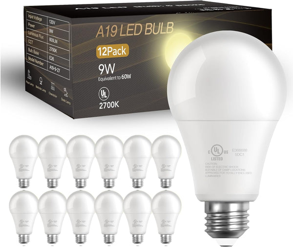 DAYBETTER 12 Pack A19 LED Light Bulbs, 60 Watt Equivalent LED Bulbs, Long Lifespan High Brightness 800LM Warm White 2700K, E26 Standard Base Light Bulbs for Home Bedroom Office, Non-Dimmable
