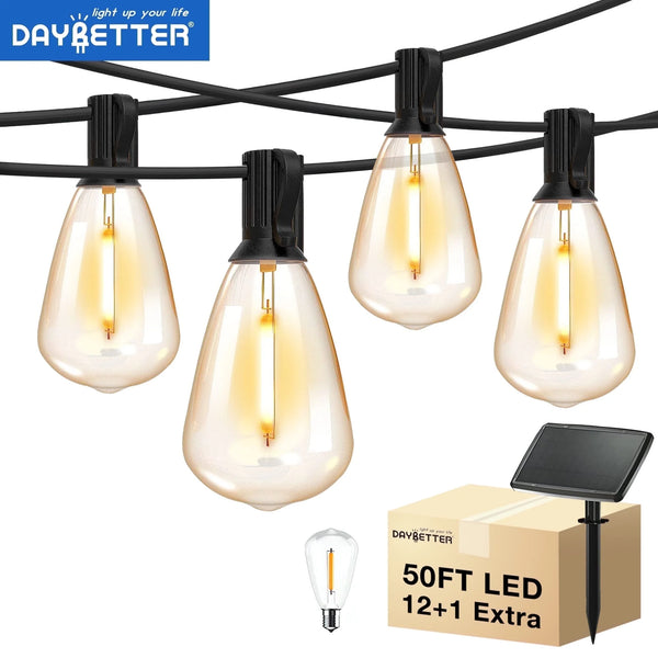 DAYBETTER Solar Outdoor Lights 50ft, ST38 Edison Bulbs