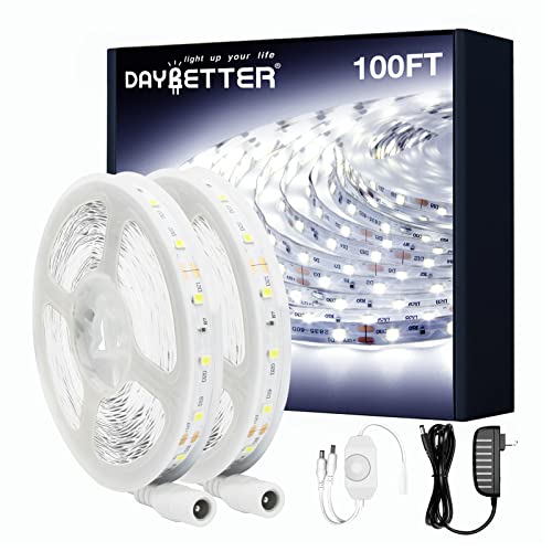 DAYBETTER White LED Strip Light, 100ft Dimmable led Strip, 6500K 12V Light Strips, 1800 LEDs 2835 Tape Lights for Bedroom, Kitchen, Mirror, Home Decoration