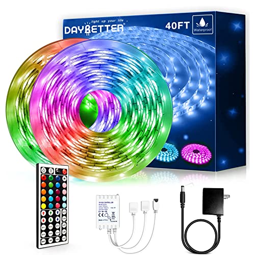 DAYBETTER Waterproof LED Light Strips, Outdoor LED Strip Lights 40ft (2 Rolls of 20ft) Color Changing 5050 RGB LED Strip Lights with Remote Control, LED Lights for Indoor Outdoor Use, IP65