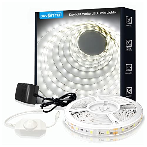 DAYBETTER White LED Strip Light, 16.4ft Dimmable Bright Rope Light, 6500K 12V Light Strips, 300 LEDs 2835 Tape Lights for Bedroom, Kitchen, Mirror, Home Decoration