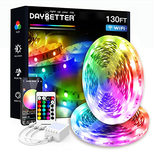 DAYBETTER Led Lights for Bedroom 130ft (2 Rolls of 65ft) WiFi Music Sync Color Changing LED Strip Lights with Remote and App Control 5050 RGB LED Light Strip, LED Lights for Room Home Party Decor