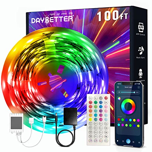 DAYBETTER Led Strip Lights 100ft Smart Light Strips with Bluetooth App Control Remote, 5050 RGB Led Lights for Bedroom, Music Sync Color Changing Lights for Room Home Decor Party Festival (1 Rolls)