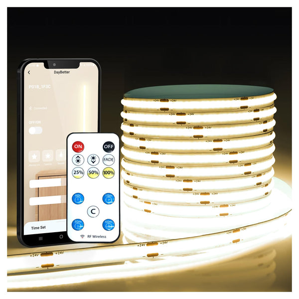 DAYBETTER Smart COB LED Strip Light 4000K Dimmable LED Light Strip 16.4 ft, Natural White LED Strip Lights with Remote and APP, 24V 1600LEDs Flexible LED Lights for Bedroom&TV DIY Lighting, Indoor Use