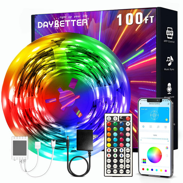 DAYBETTER LED Strip Lights 100ft, Smart Light with App Remote Control, RGB LED Lights for Bedroom, Valentine's Day Music Sync Color Changing Lights for Room Home Decor Party Festival(1 Roll)